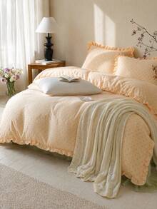 Cirelle 3pcs Ruffled Duvet Cover Set - Soft Polyester Polka Dot Bedding Set, Aesthetic Cottagecore Dot Quilt Cover With Ruffle Hem, 1 Duvet Cover + 2 Pillowcases (No Sheet & No Insert) - Light Yellow - View 5