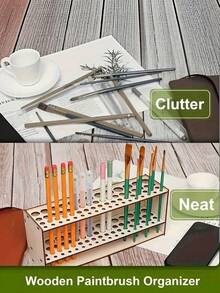 Wooden Pen Holder & Brush Organizer, Multi-Hole Desk Storage Rack, Ideal For Paintbrushes, Pencils And Makeup Brushes - Multicolor - View 6