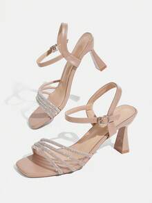CUCCOO TILAWA Ladies Rhinestone Decorative Elegant High Heel Sandals Light Khaki Spring Shoes Easter Dinner Shoes Christmas, Valentine's Day High Heels - Light khaki - View 7
