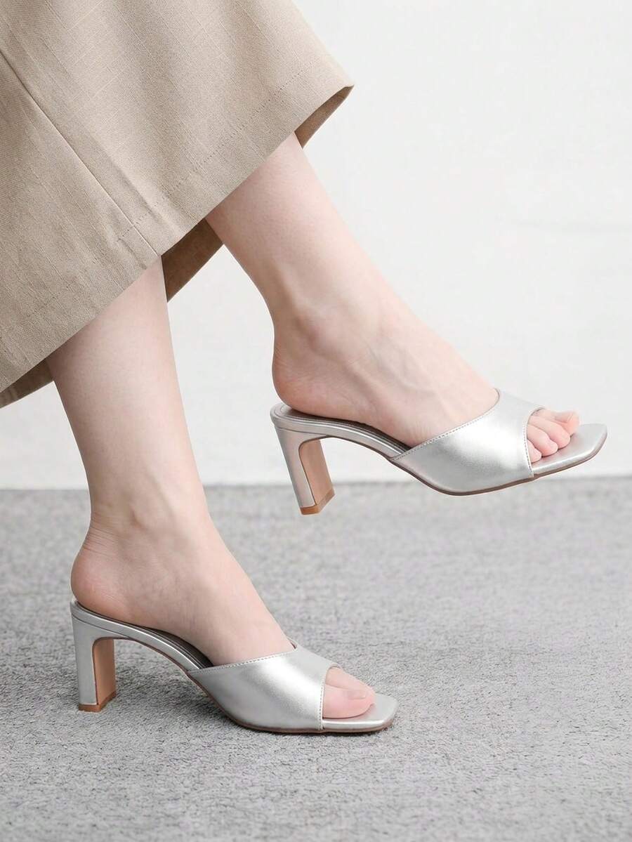 CUCCOO BIZCHIC Women's Square Toe Simple Fashion Bag Medium High Heel One Piece Sandals Slippers - Silver sheep pattern - View 1