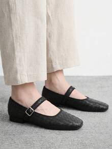 CUCCOO BIZCHIC Spring Commuter Woven Pattern Buckle Square Top Low Heel Black Soft Leather Retro Low Vamp Mary Jane Shoes - Black - View 5