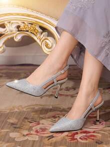 CUCCOO TILAWA Women's Fashion Rhinestone Decor High Heel Party Shoes Spring Shoes Spring Break Easter Prom Heels For Christmas Valentine's Day - Silver - View 3