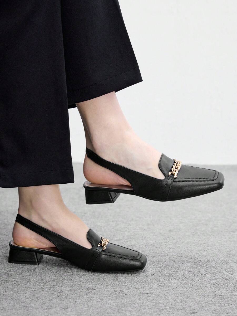 CUCCOO BIZCHIC 女款方跟低跟黑色後繫帶金屬鏈條slingback女鞋,舒適通勤,適合戶外購物穿著 - 黑色5 - 查看 1