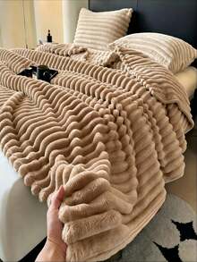 Cirelle Cozy Striped Fuzzy Plush Blanket, Soft Fluffy Rabbit Fur Texture Bed Throw, Warm Thick Wave Ribbed Blanket For Sofa Couch Bed, Home Decor Bedspread For All Seasons, Gift For Bedroom Living Room - Camel - View 3