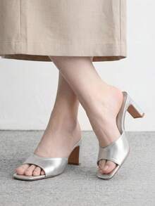 CUCCOO BIZCHIC Women's Square Toe Simple Fashion Bag Medium High Heel One Piece Sandals Slippers - Silver sheep pattern - View 3