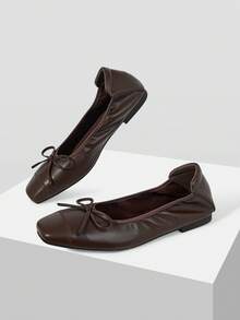MOTF WOMEN'S BROWN LEATHER BOW BALLET FLATS, SOFT SQUARE TOE SLIP-ON FLAT SHOES FOR DAILY & OFFICE FALL SHOES - Coffee Brown - View 9