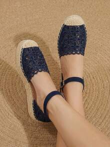 Styleloop Ladies Flat Bottom Round Toe Electric Embroidery Flower Hemp Rope Beach Leisure Holiday Sandals Summer Shoes Fall Shoes - Navy Blue - View 4