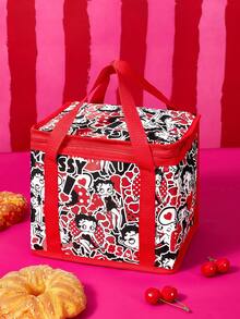 Betty Boop x SHEIN Vintage Cartoon Print Large Capacity Insulated Lunch Bag With Red Trim, Portable Cooler Tote For Picnic, School & Work Use - Black, red, white. - View 2