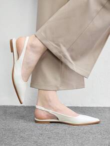 CUCCOO BIZCHIC 女款平底尖頭簡約白色後扣slingback女鞋，日常百搭輕量舒適通勤鞋 - 米白色鏡面 - 查看 4