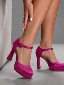 CUCCOO SZL Women's Fashion Platform Chunky Heel Square Toe Ankle Strap Sexy High Heel Pumps - Hot Pink - View 5