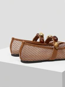 MOTF PREMIUM RETRO BROWN MESH KNIT MARY JANE SHOES, ROUND TOE SOFT SOLE DAILY WALKING FLAT PUMPS FOR WOMEN FALL SHOES - Camel - View 7