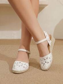 Styleloop 女款楔形跟圓頭刺繡網布花卉休閒沙灘度假風涼鞋 - 杏色 - 查看 2