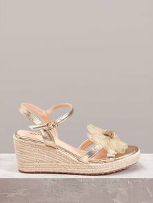 Styleloop Women's Shoes, Brown, Flower Embroidered Hemp Rope Straw Shoes, Wedge Heel Platform Sandals, Height-Enhancing Holiday Bohemian Wear - Gold - View 2