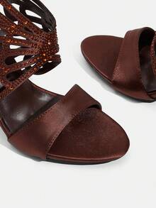 CUCCOO TILAWA Coffee Brown Satin Hollow Rhinestone Stiletto Sandals, Women's Light Luxury Rear Strap Buckle Open-Toed High Heels - Coffee Brown - View 6