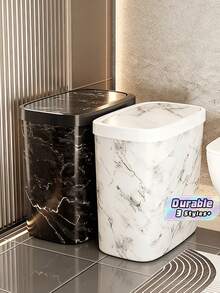 1Pc Marble Pattern Trash Can With Lid Space-Saving Slender Trash Can Suitable For Compact Space Elastic Lid Garbage Container Waterproof Wastebasket Suitable For Small Apartment Hotel Household Toilet Bathroom Waste - Multicolor - View 1