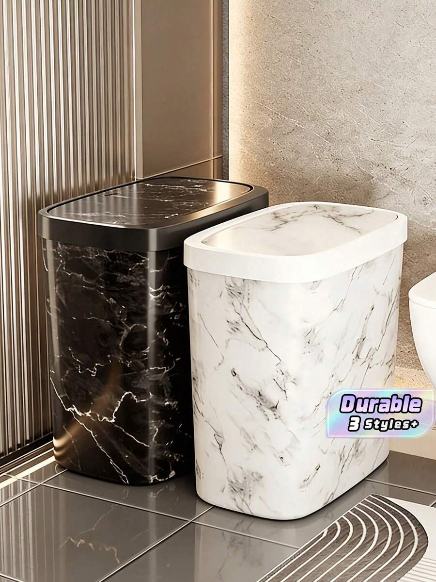 1Pc Marble Pattern Trash Can With Lid Space-Saving Slender Trash Can Suitable For Compact Space Elastic Lid Garbage Container Waterproof Wastebasket Suitable For Small Apartment Hotel Household Toilet Bathroom Waste - Multicolor - View 1