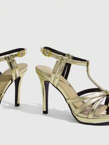 CUCCOO SZL Women's Fashion Gold Waterproof Table Round Toe Thin Heel High Heel Sandals - Gold - View 5