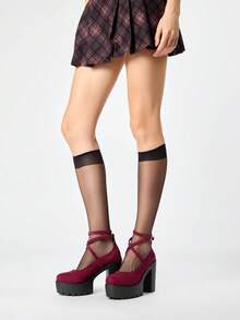 ROMWE Goth 女款深色哥德龐克搖滾風包頭交叉綁帶瑪麗珍厚底高跟鞋，繫帶正式上班鞋，萬聖節 - 紅色絨面 - 查看 2