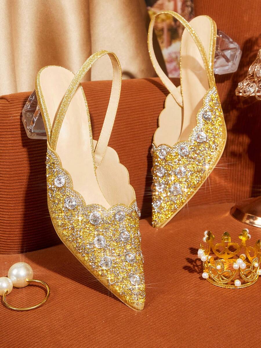 CUCCOO TILAWA Women's Crystal And Glass Rhinestone Pointed Golden High-Heeled Shoes, Suitable For Going Out, Banquets, Parties And Other Activities Fall Shoes - yellow gold - View 1