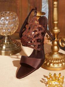 CUCCOO TILAWA Coffee Brown Satin Hollow Rhinestone Stiletto Sandals, Women's Light Luxury Rear Strap Buckle Open-Toed High Heels - Coffee Brown - View 1