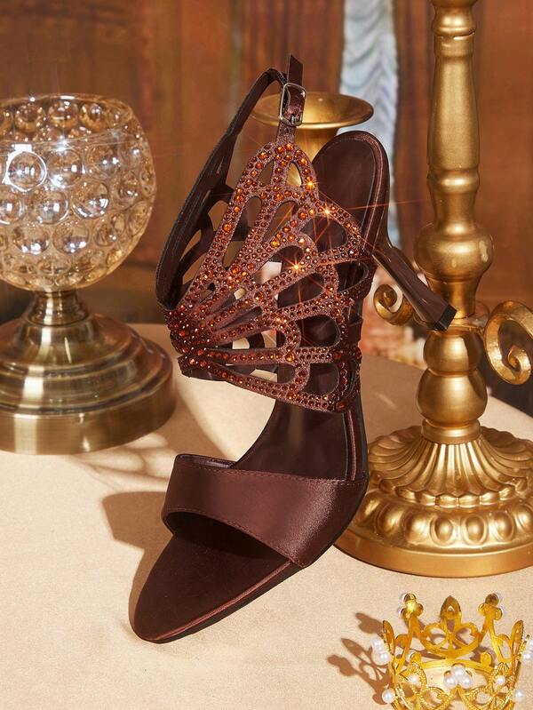 CUCCOO TILAWA Coffee Brown Satin Hollow Rhinestone Stiletto Sandals, Women's Light Luxury Rear Strap Buckle Open-Toed High Heels