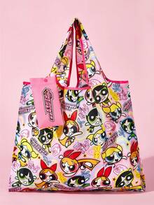 THE POWERPUFF GIRLS X SHEIN 小女警可折疊托特包，布料柔軟輕盈，尺寸小巧，折疊後易於收納，容量充足 - 枚紅 - 查看 1