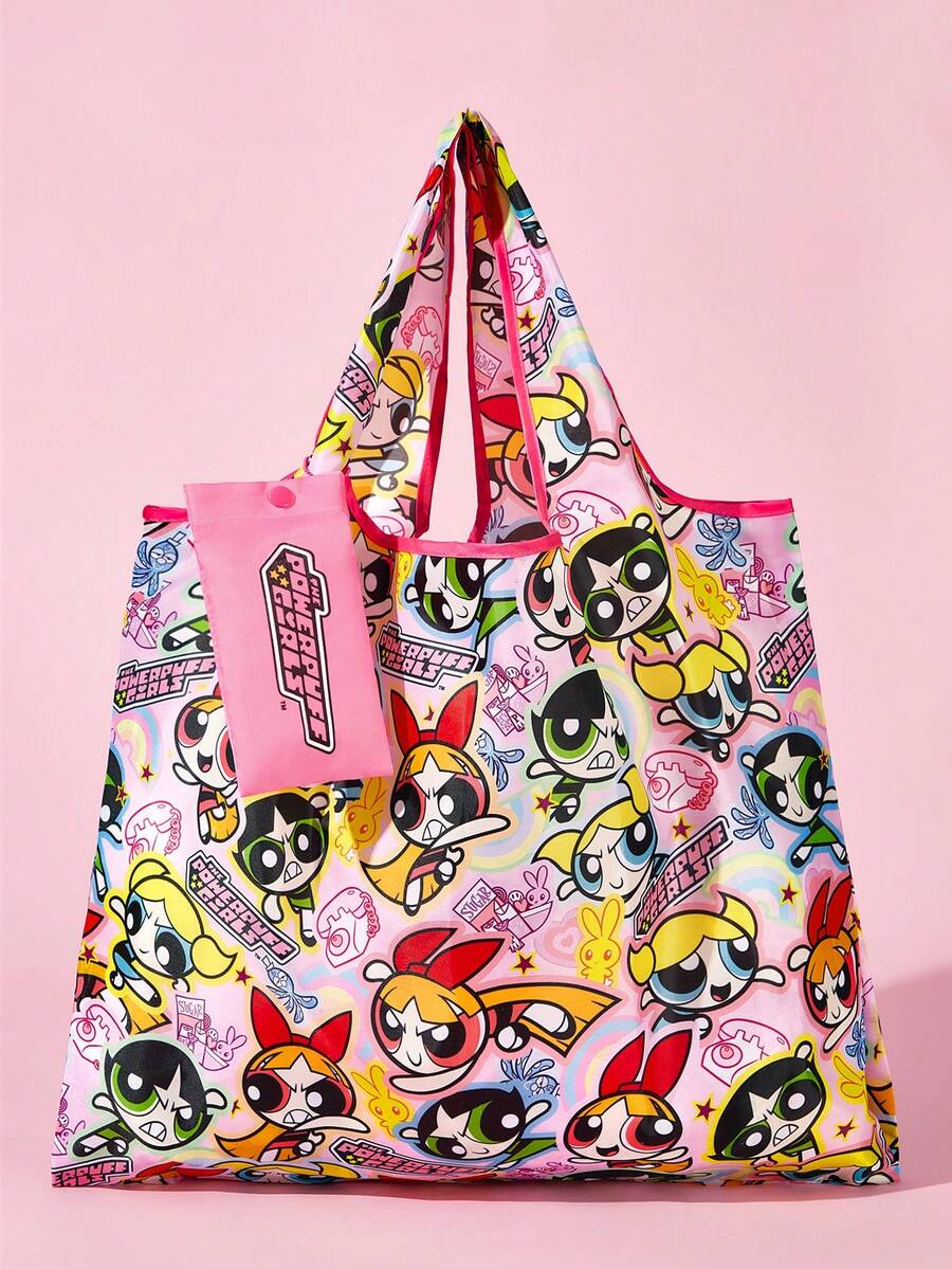 THE POWERPUFF GIRLS X SHEIN 小女警可折疊托特包,布料柔軟輕盈,尺寸小巧,折疊後易於收納,容量充足 - 枚紅 - 查看 1