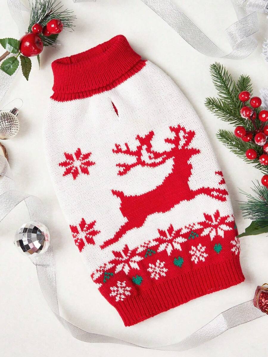 PETSIN 1pc Christmas Pet Cat Dog Universal Green Diamond Grid Elk Snowflake Cute Pattern Jacquard Knitted Elastic Comfortable Dog Christmas Sweater - Multicolor - View 1