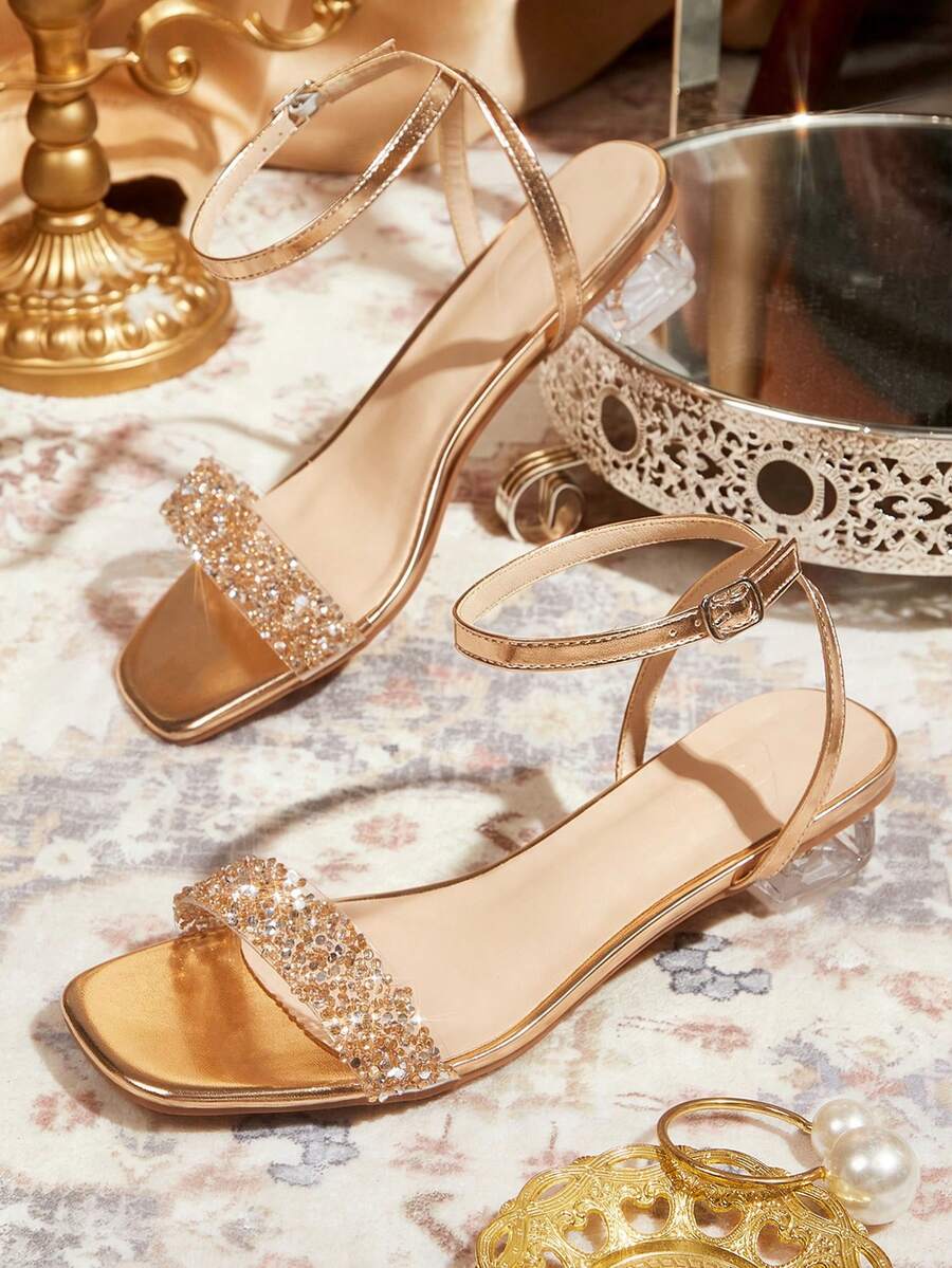 CUCCOO TILAWA Women's Fashion Crystal Glass Rhinestone Decorated High Heel Sandals For Outdoor Events And Parties, Spring Shoes, Spring Break Easter Prom Heels - Champagne gold - View 1