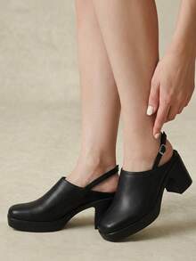 Styleloop Outdoor Women's Square Toe Pu Bottom Fleece Fabric, Fashionable, Simple, Breathable And Comfortable Party Buckle Style, Exposed Heel Shoes - PU black - View 7