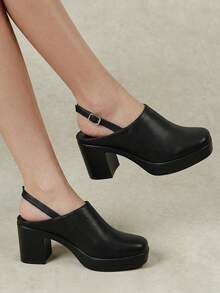 Styleloop Outdoor Women's Square Toe Pu Bottom Fleece Fabric, Fashionable, Simple, Breathable And Comfortable Party Buckle Style, Exposed Heel Shoes - PU black - View 2