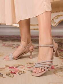 CUCCOO TILAWA Ladies Rhinestone Decorative Elegant High Heel Sandals Light Khaki Spring Shoes Easter Dinner Shoes Christmas, Valentine's Day High Heels - Light khaki - View 8