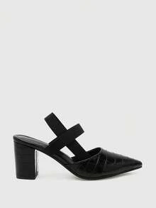 CUCCOO BIZCHIC 女款時尚黑色壓紋舒適彈性帶尖頭粗高跟鞋，通勤度假必備 - 黑色5 - 查看 1
