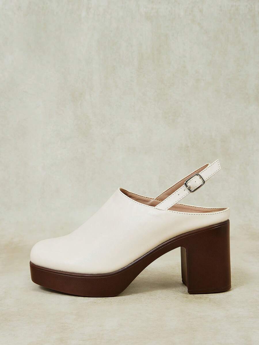 Styleloop Outdoor Women's Square Toe Pu Bottom Fleece Fabric, Fashionable, Simple, Breathable And Comfortable Party Buckle Style, Exposed Heel Shoes - PU beige - View 1
