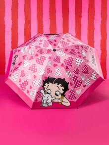 Betty Boop x SHEIN 復古美式卡通可折疊傘，滿版 與愛心波點印花，折疊後口袋尺寸，遮陽防雨雙用，防風設計，適合購物與戶外旅行 - 玫瑰紅 - 查看 3