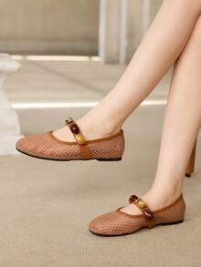 MOTF PREMIUM RETRO BROWN MESH KNIT MARY JANE SHOES, ROUND TOE SOFT SOLE DAILY WALKING FLAT PUMPS FOR WOMEN FALL SHOES - Camel - View 6