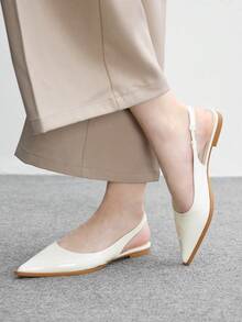 CUCCOO BIZCHIC 女款平底尖頭簡約白色後扣slingback女鞋，日常百搭輕量舒適通勤鞋 - 米白色鏡面 - 查看 3
