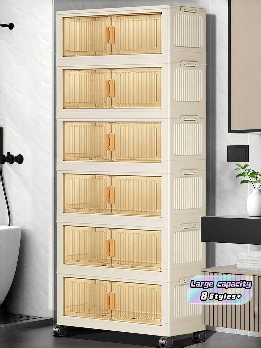 1pc 40cm/50cm Width Folding Storage Cabinet,Clothes Closet Storage Box, Home Storage PortableWardrobe, Double Door Folding Box, 1-6 LayersOptional, Thickened Double Door With Wheels StorageCabinet, Home Use No-Installation Shelving Unit