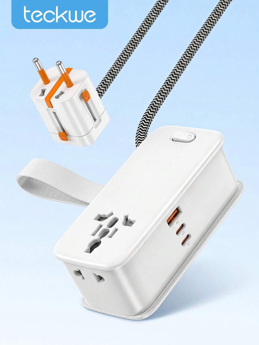 Teckwe This Multi-Functional Travel Power Strip Works In 150 Countries Worldwide,PC,Specs:10A 100-250V~ 50/60Hz 2500W Max - White - View 1