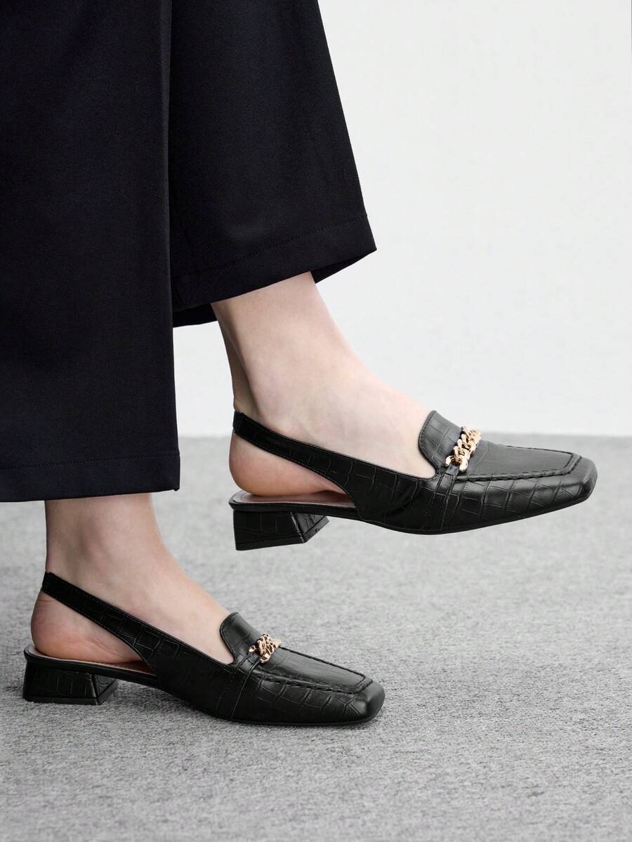 CUCCOO BIZCHIC 女款方頭低跟黑色壓紋後束帶金屬鍊條露跟鞋，適合通勤、戶外、購物等多用途穿搭 - 黑色6 - 查看 1