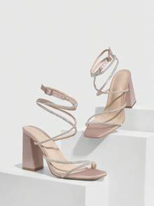 CUCCOO CURVES Ladies Wide Edition Fashion Black Rhinestone Strap High Heel Sandals, Large Size Summer Vacation Shoes - Pink Apricot - View 6