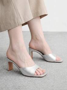 CUCCOO BIZCHIC Women's Square Toe Simple Fashion Bag Medium High Heel One Piece Sandals Slippers - Silver sheep pattern - View 5