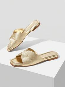 MOTF LADIES' ELEGANT GOLD WOVEN FLAT SLIPPERS, SQUARE OPEN-TOE - SUMMER SANDALS FOR DAILY/BEACH CASUAL COMFORT - Gold - View 9