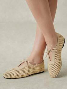 Styleloop Ladies PP Straw Upper, Bow, Decoration, Flat Shoes - Apricot - View 2