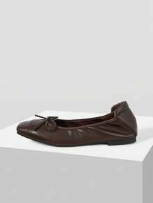 MOTF WOMEN'S BROWN LEATHER BOW BALLET FLATS, SOFT SQUARE TOE SLIP-ON FLAT SHOES FOR DAILY & OFFICE FALL SHOES - Coffee Brown - View 3