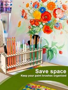 Wooden Pen Holder & Brush Organizer, Multi-Hole Desk Storage Rack, Ideal For Paintbrushes, Pencils And Makeup Brushes - Multicolor - View 5