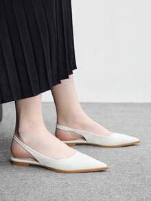 CUCCOO BIZCHIC 女款平底尖頭簡約米色後扣slingback女鞋，日常百搭輕量舒適通勤上班鞋 C - 米白色PU - 查看 5