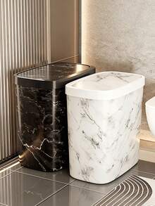 1Pc Marble Pattern Trash Can With Lid Space-Saving Slender Trash Can Suitable For Compact Space Elastic Lid Garbage Container Waterproof Wastebasket Suitable For Small Apartment Hotel Household Toilet Bathroom Waste - Multicolor - View 4