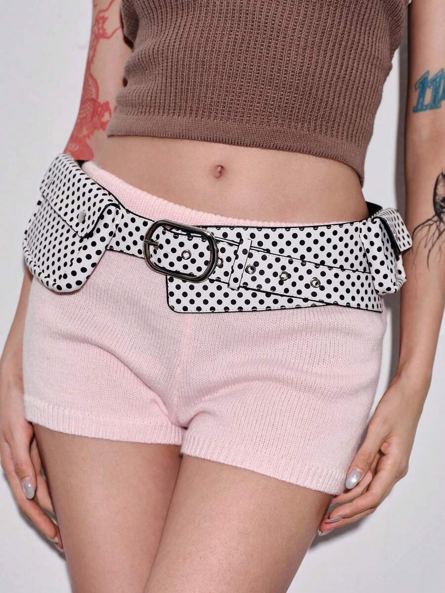 ROMWE Grunge Punk Y2K 龐克風黑色金屬鉚釘孔眼多口袋可調節金屬扣女款腰包 - 白色波點 - 查看 1