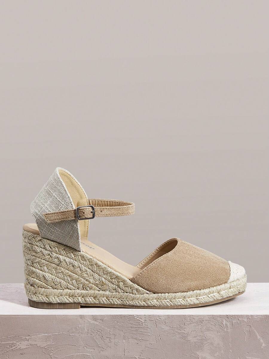 Styleloop Sandalias de tacón alto para mujer con tiras cruzadas de goma y cuerda de paja - Caqui - Ver 1